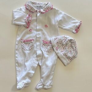 Kissy Kissy White One-Piece Footie with Pink Floral Trim and Matching Hat